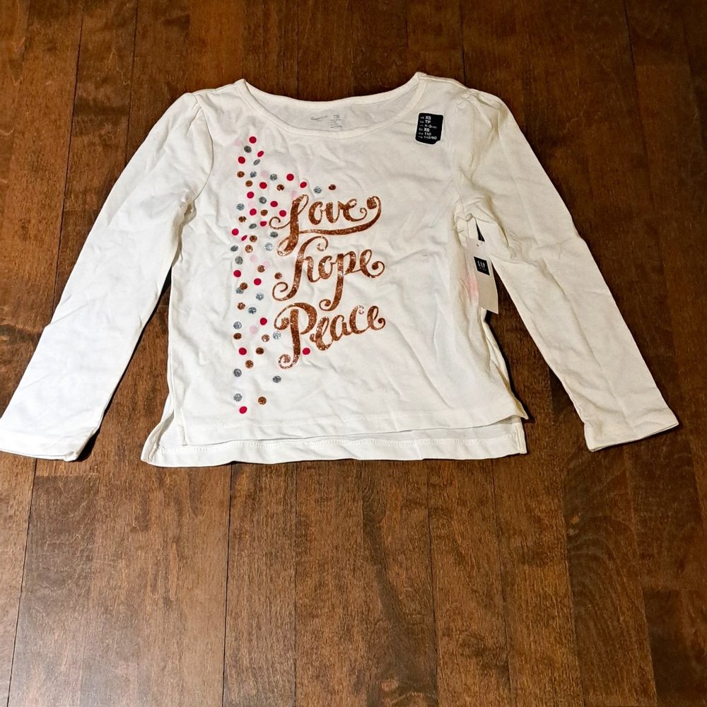 Gap white long sleeve shirt girl Love Hope Peace golden XS NWT